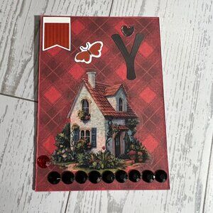 Original ACEO Art Card Cozy Cottage On Red Plaid With "Y"